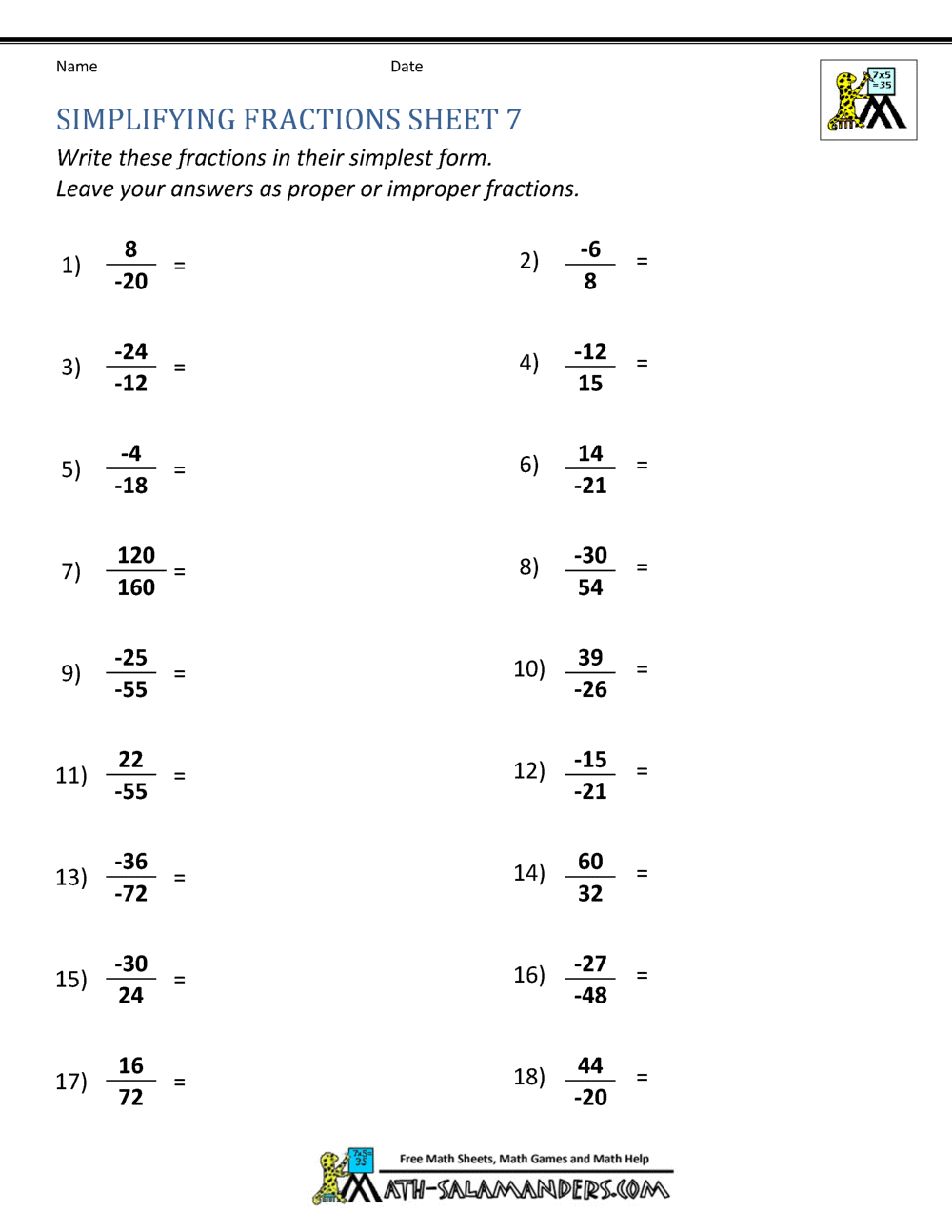 Simplifying fractions worksheet