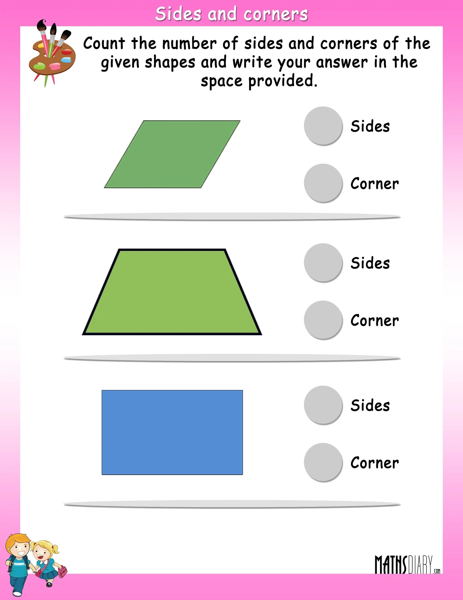 count the sides and corners of given shapes math worksheets mathsdiary com