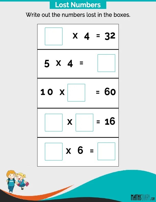 write the missing numbers in boxes using multiplication tables math worksheets mathsdiary com