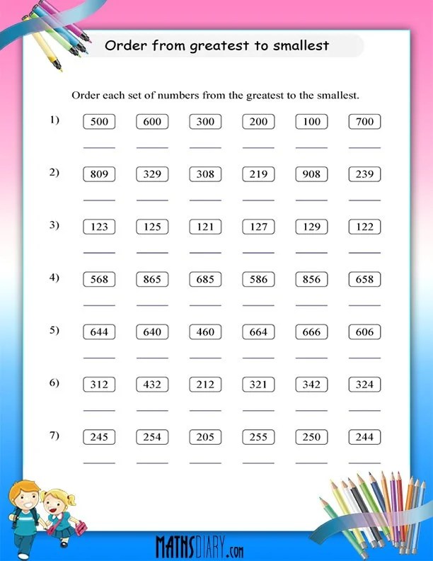 compare numbers and write in order worksheets math