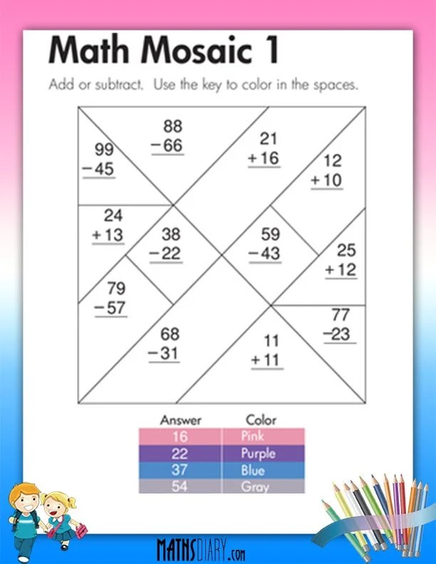 addition and subtraction mosaic grade 2 math worksheets