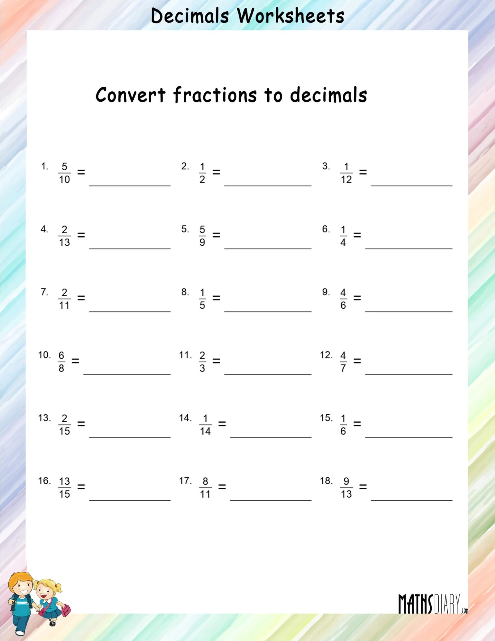 convert fractions to decimals worksheets math worksheets mathsdiary com