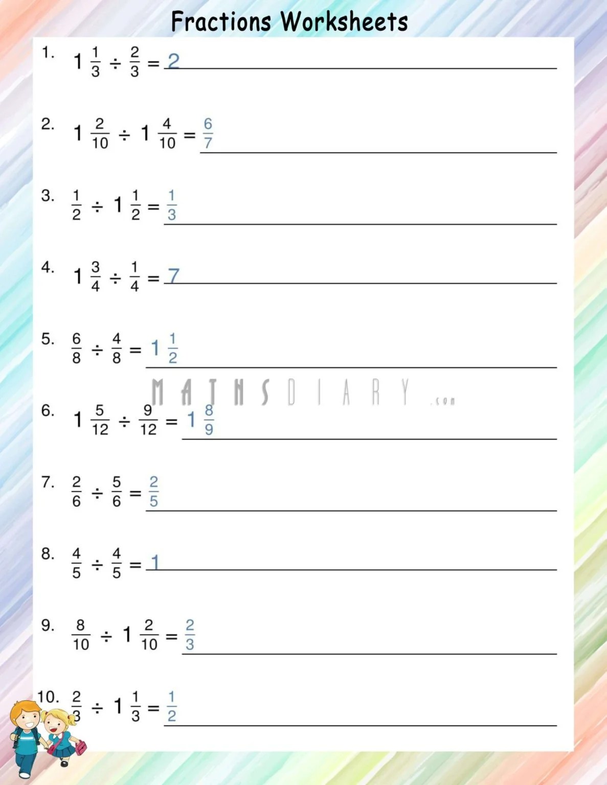 Division of fractions worksheets