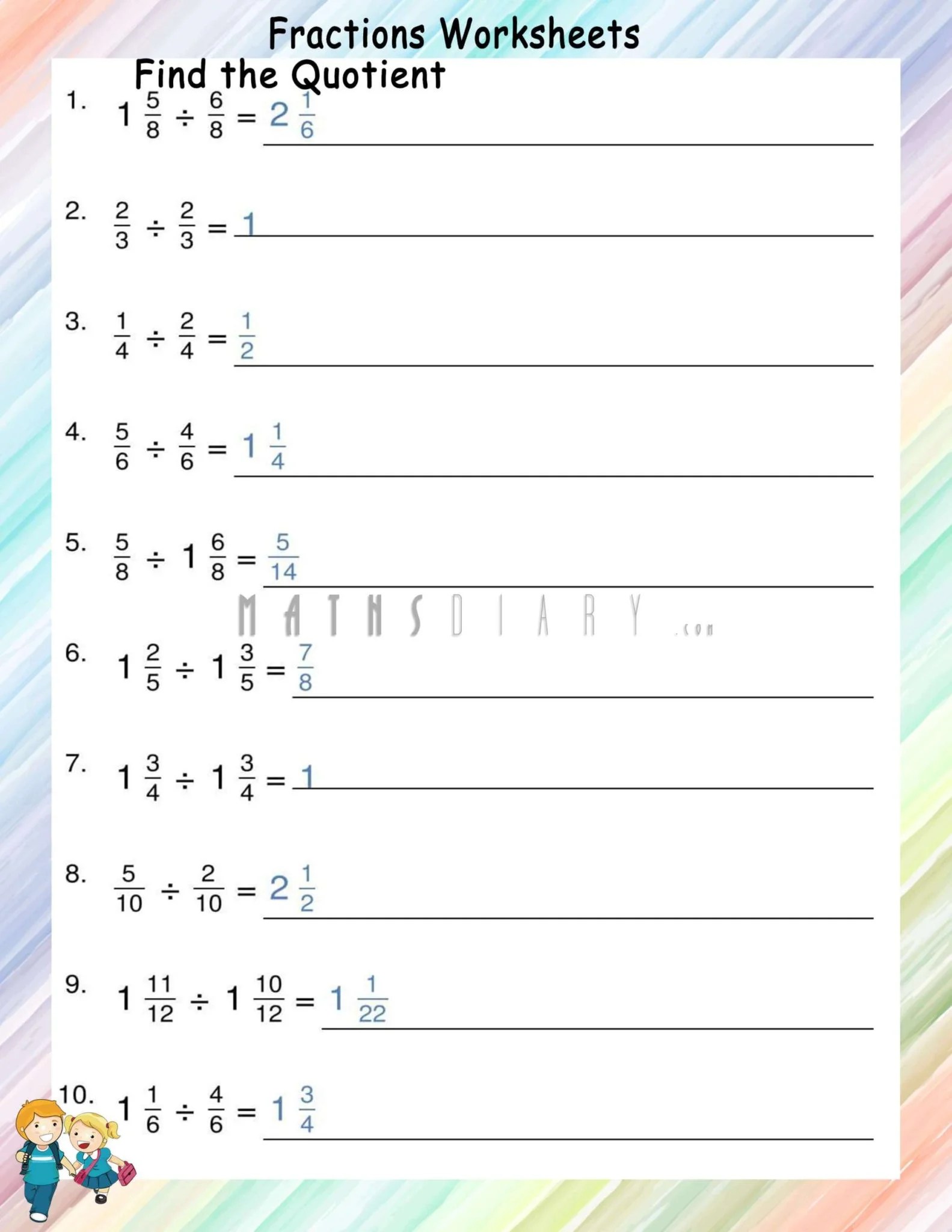 Division of fractions worksheets