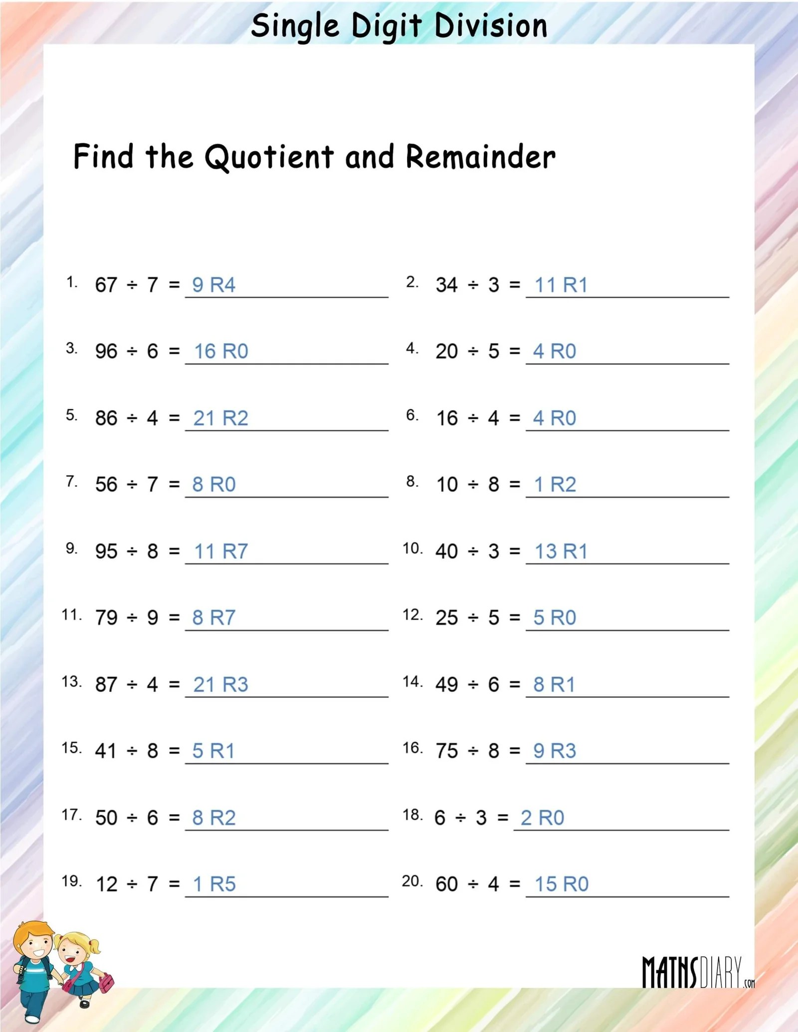 single digit division worksheets math worksheets mathsdiary com