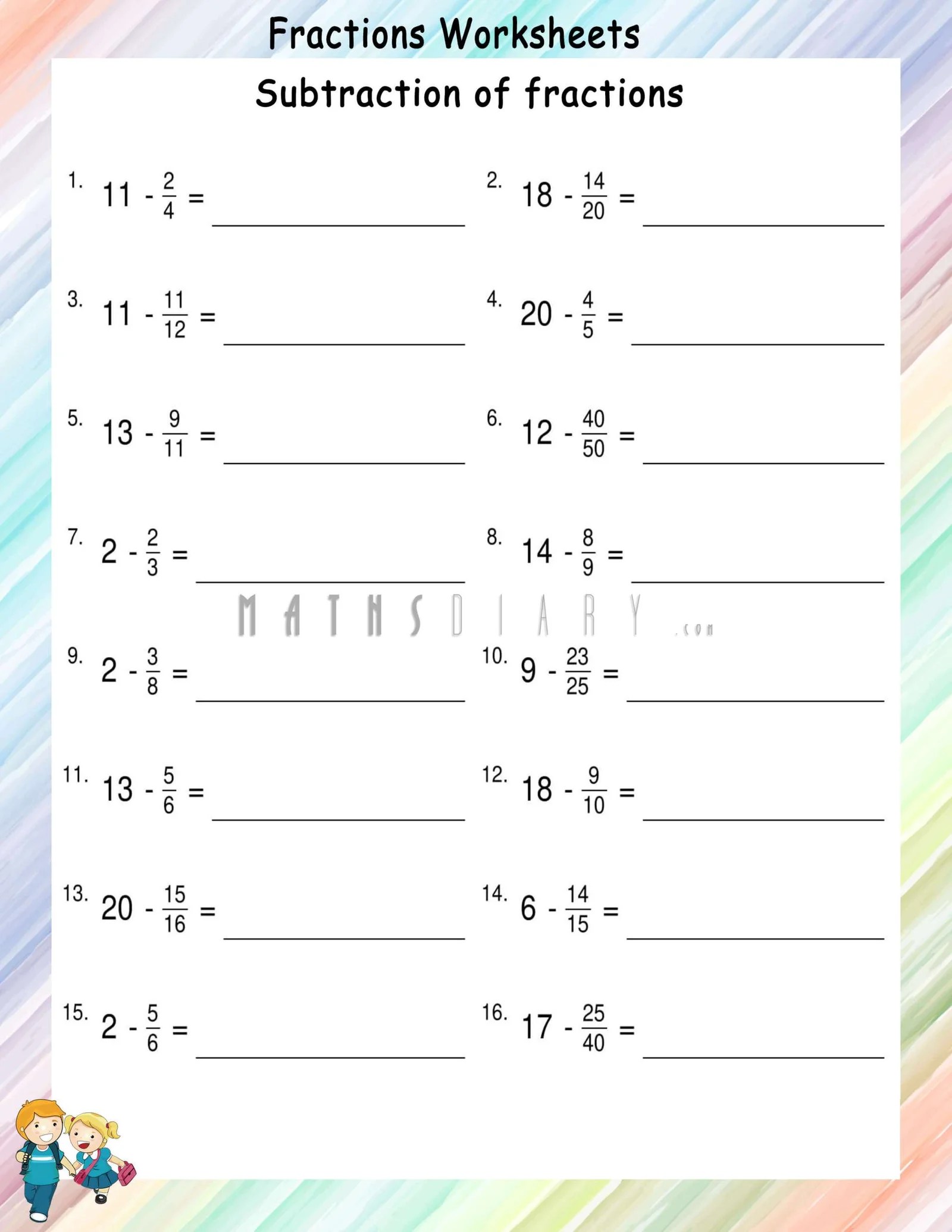 subtracting fractions from whole numbers math worksheets mathsdiary com