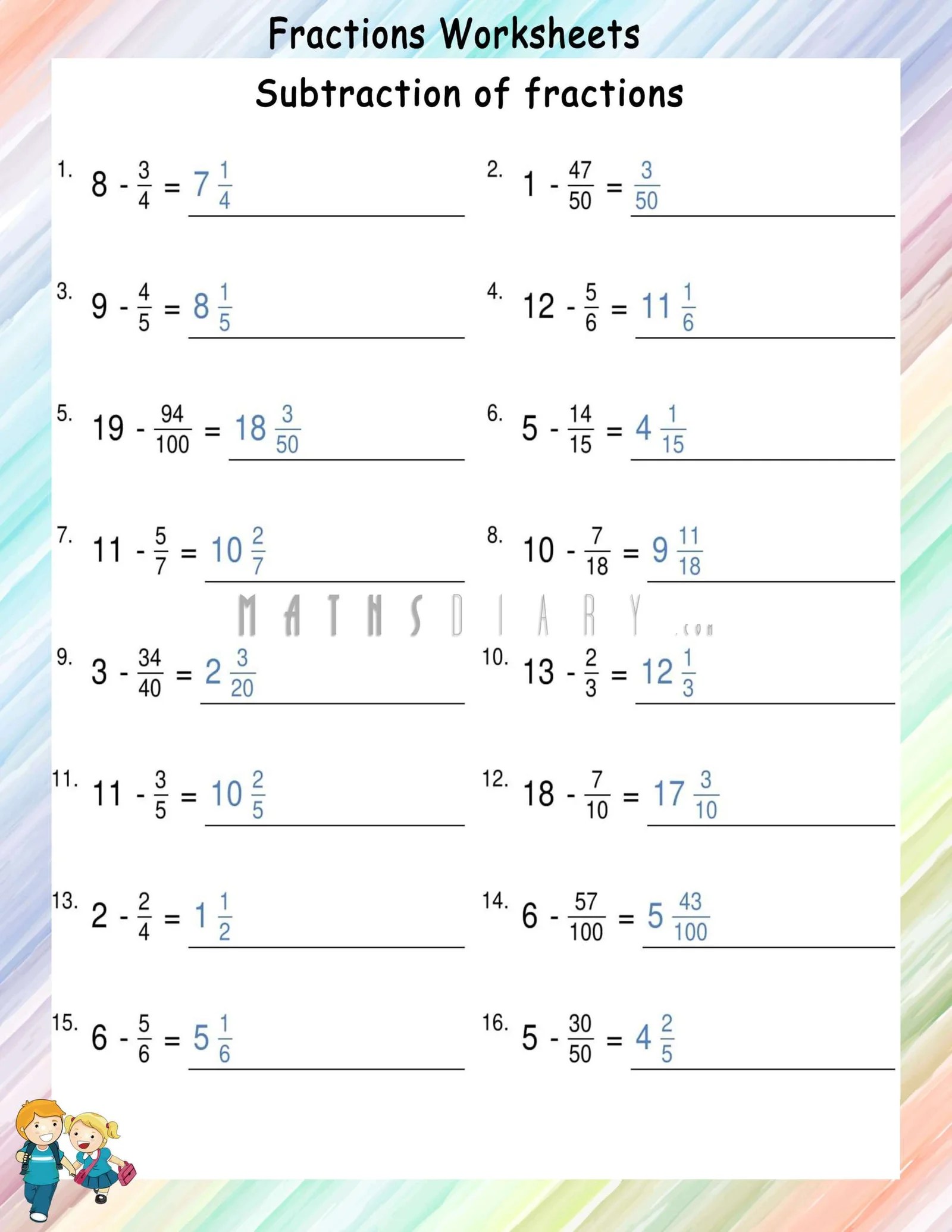 subtracting fractions from whole numbers math worksheets mathsdiary com