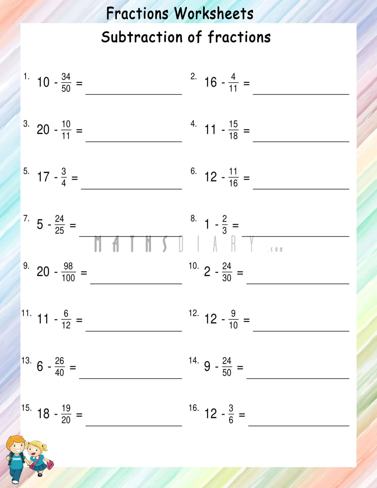 subtracting fractions from whole numbers math worksheets mathsdiary com