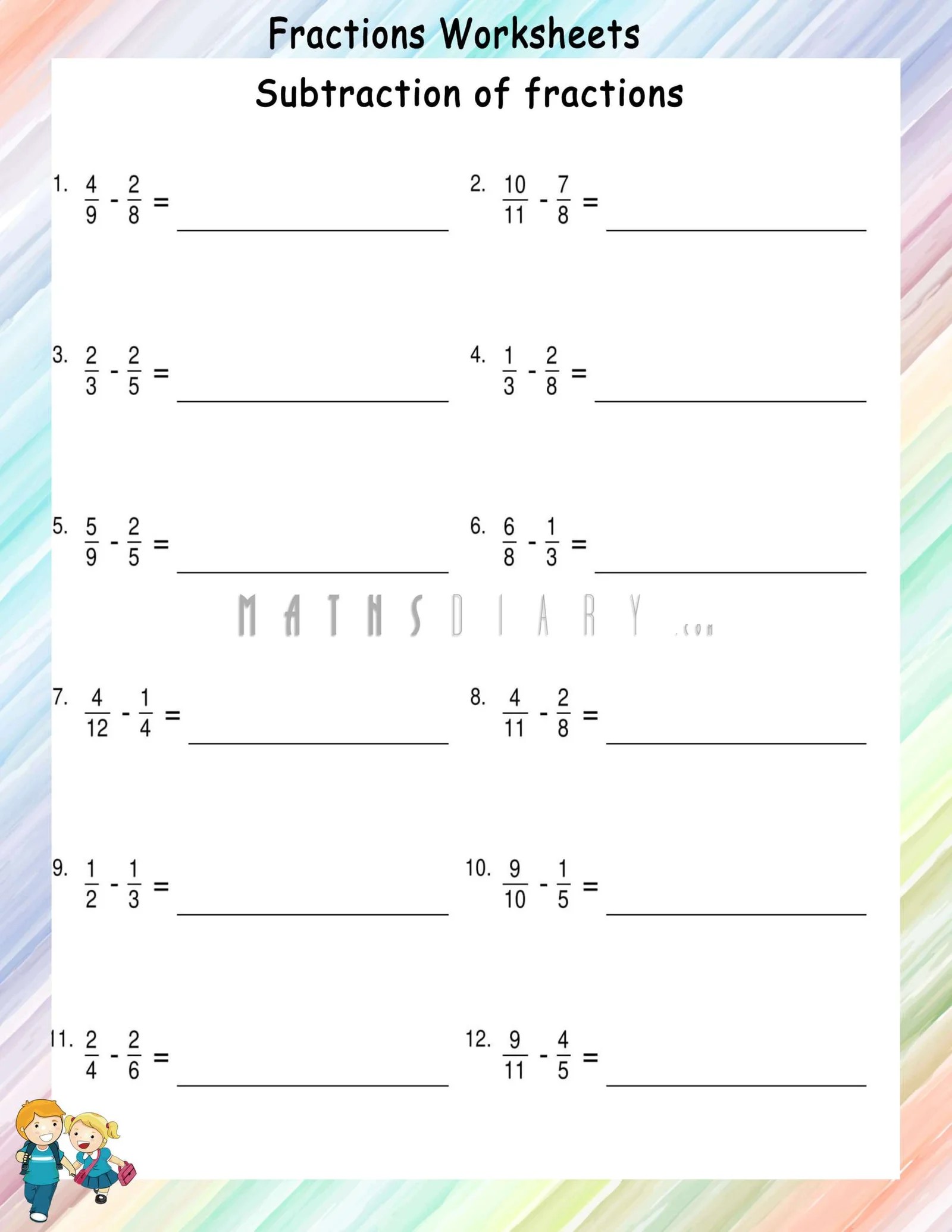 subtracting unlike fractions worksheets math worksheets mathsdiary com