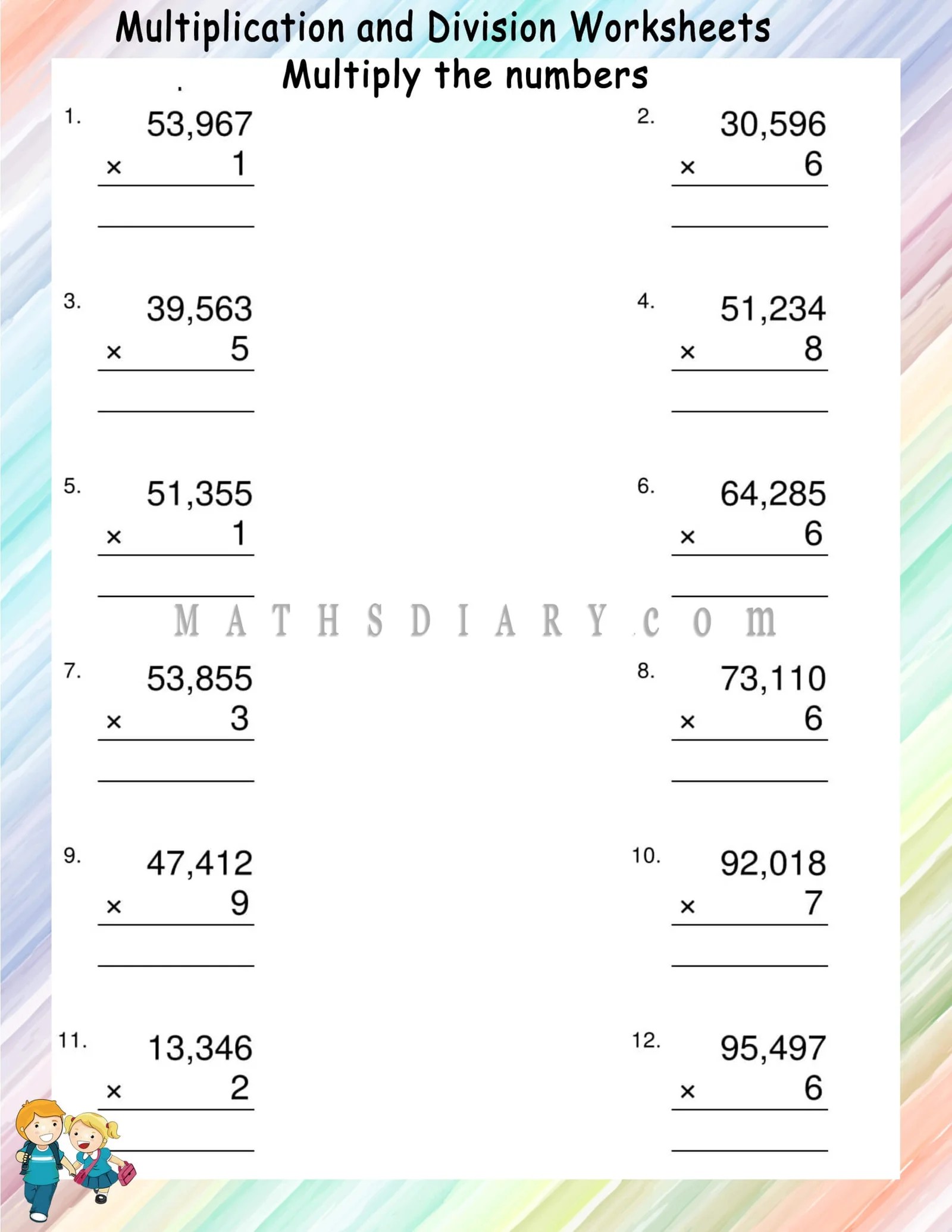 multiplying 5 digit number by 1 digit number worksheets math worksheets mathsdiary com