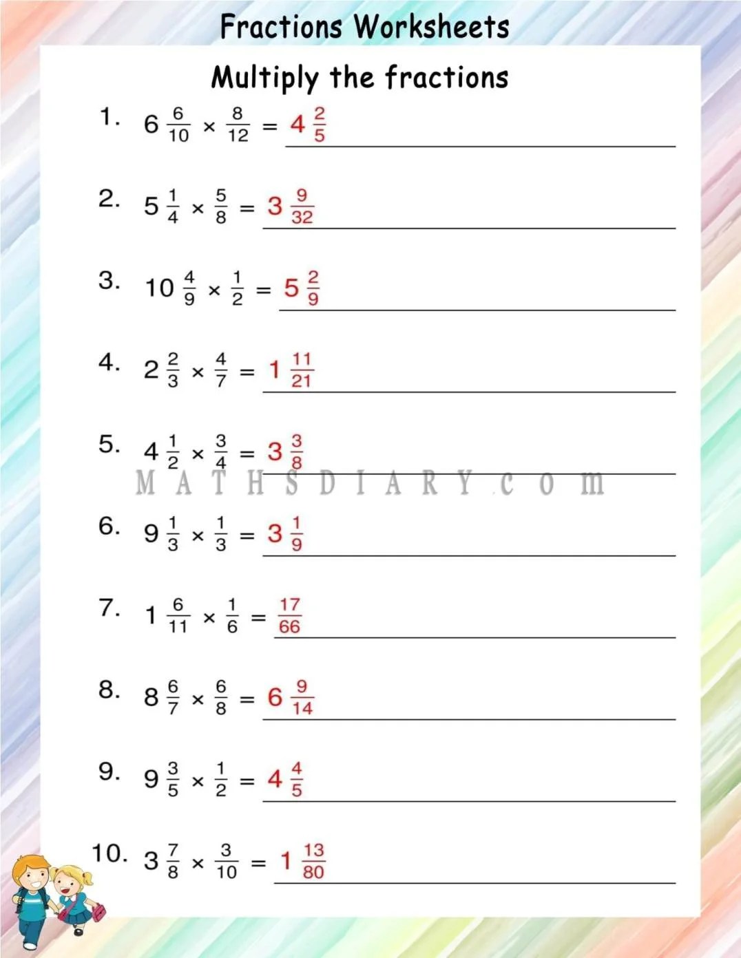 multiplying mixed fractions by proper fractions worksheets math worksheets mathsdiary com