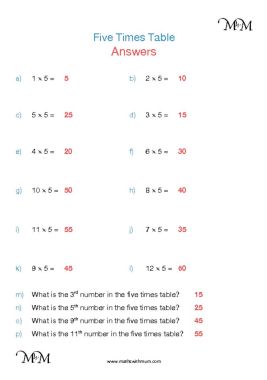 5 times table worksheet answers pdf