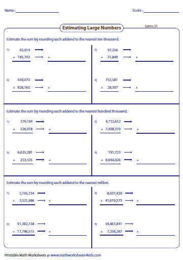 Estimating sums & differences worksheets