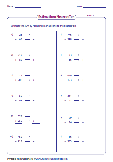 Estimating sums & differences worksheets