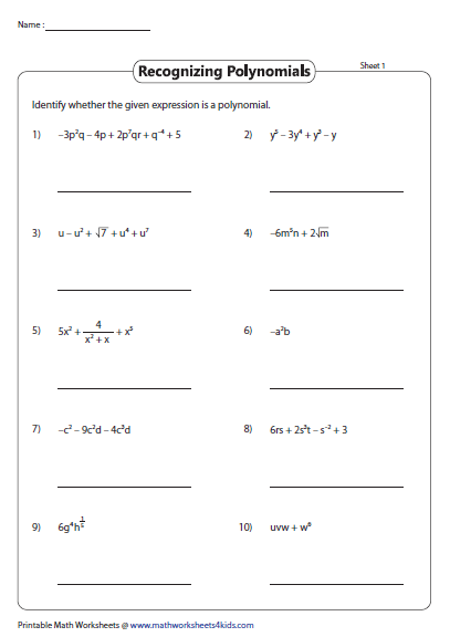Recognizing polynomials worksheets