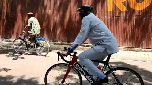 Security Minister Gen Elly Tumwine cycling to work this morning.