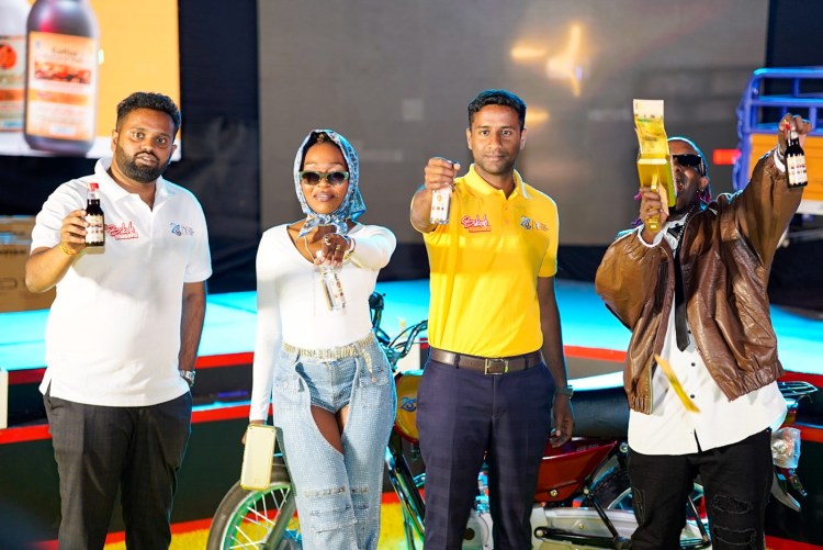 (L-R) Sri Karan Bhavanam, PDL Executive, Karole Kasita, artiste, Soma Rushi, Managing Director, Premier Distilleries Limited and Feffe Bussi, Artiste officially launch the Bikole Masavu Campaign.