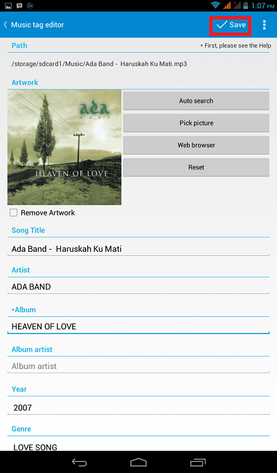 Seperti yang anda lihat pada tampilan di bawah ini, anda bisa lakukan clear cover untuk menghapus gambar album yang ada. Cara Edit Informasi Tag (Metadata) File MP3 di Android