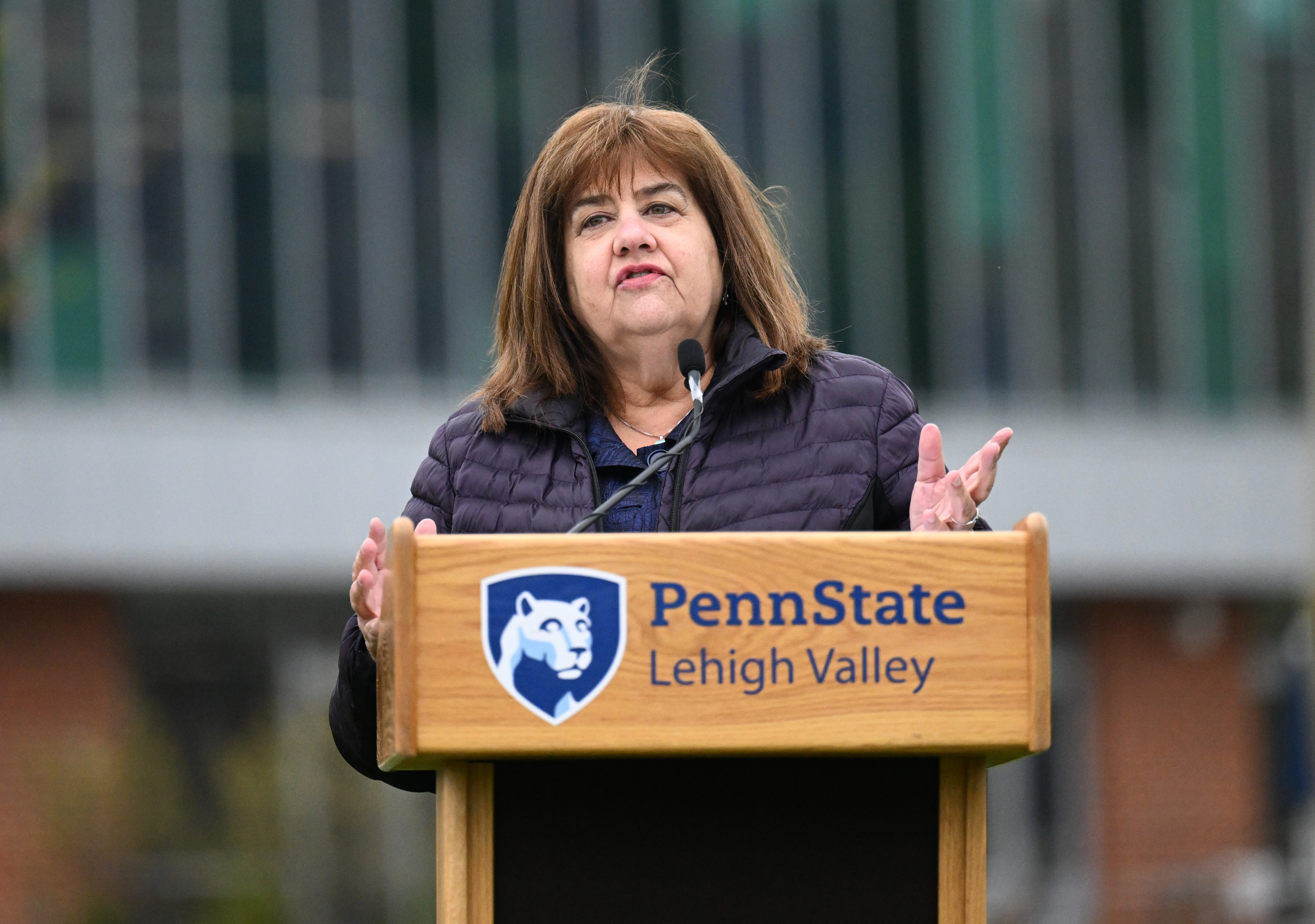 Karen Kackly speaks during a dedication ceremony  for  a fourth-generation willow tree from University Park at Penn State Lehigh Valley Friday, April 19, 2024, in Center Valley.(Amy Shortell/The Morning Call)