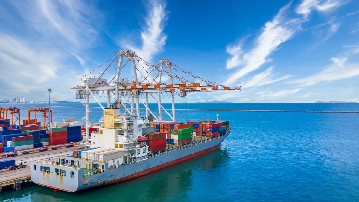 Container cargo ship unloading