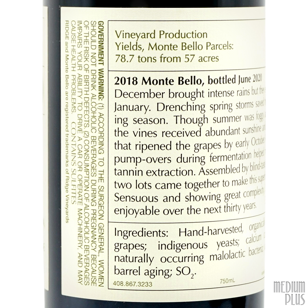 2018 Ridge Santa Cruz Mountains Monte Bello - Medium Plus