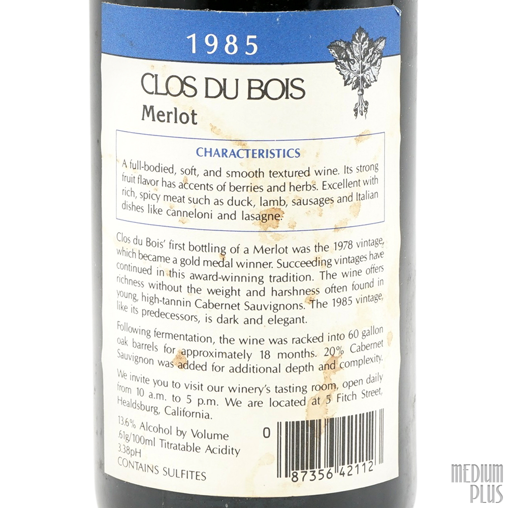 Clos Saint André 1985 赤ワイン 木箱入り 1985 Clos du Bois Sonoma County Merlot - Medium Plus