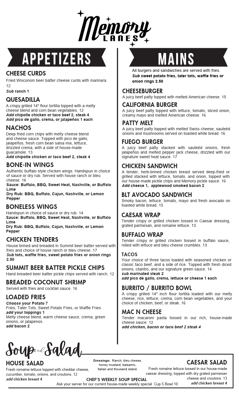 Memory Lanes Menu 2026