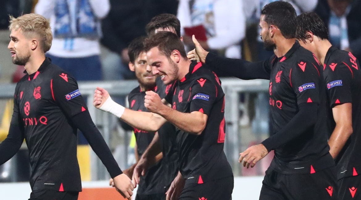 Watch Mahon Striker Jon Bautista Scores Europa League Winner For Real Sociedad Menorca Football Mikel Merino Real Sociedad is shown.