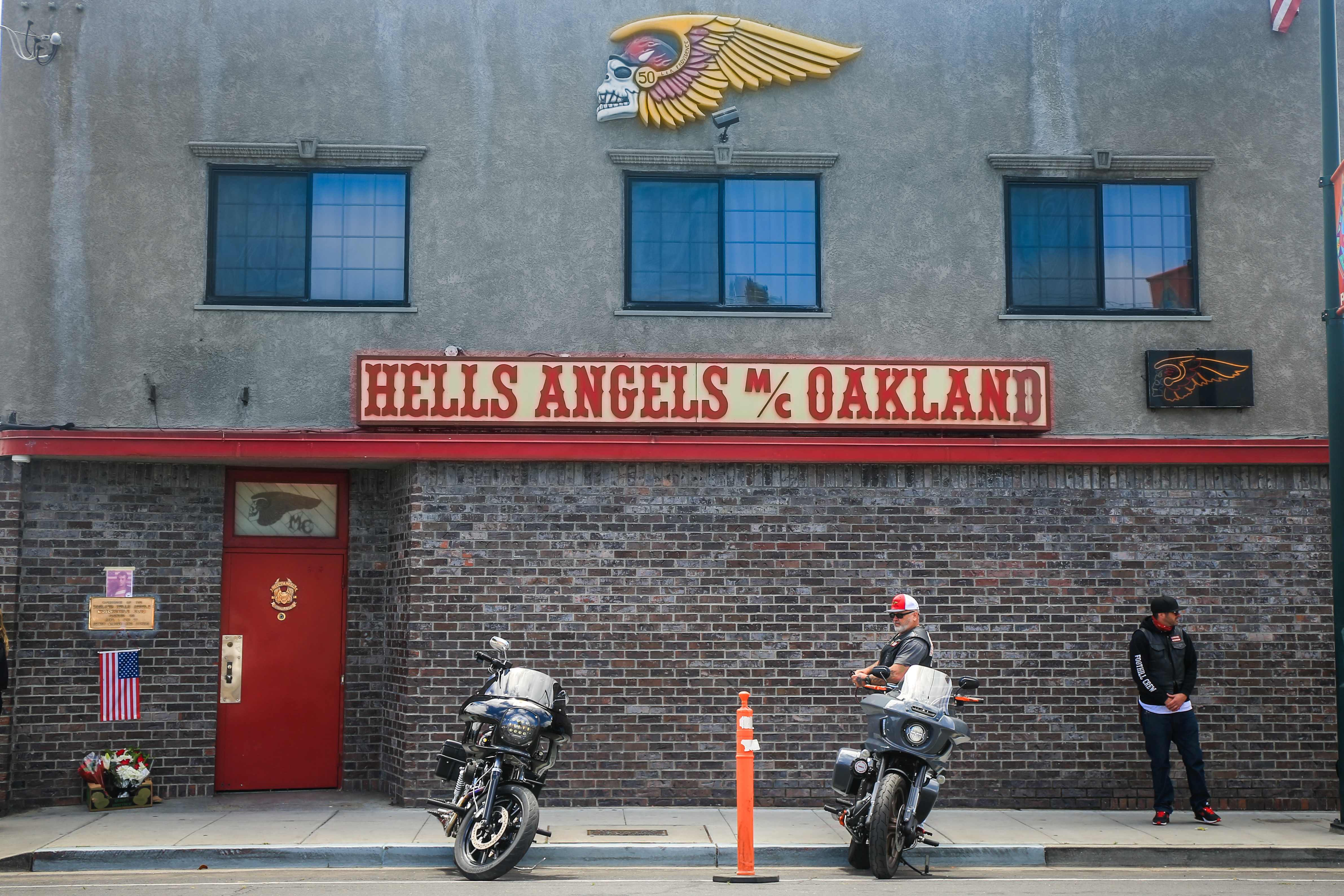 OAKLAND, CALIFORNIA - JUNE 30: A makeshift memorial in honor of Sonny Barger, founder of the Hells Angels, is set outside the Hells Angles Motorcycle Club Oakland chapter on Foothill Boulevard in Oakland, Calif., on Thursday, June 30, 2022. Barger died of cancer at 83, according to his official Facebook page. (Ray Chavez/Bay Area News Group)