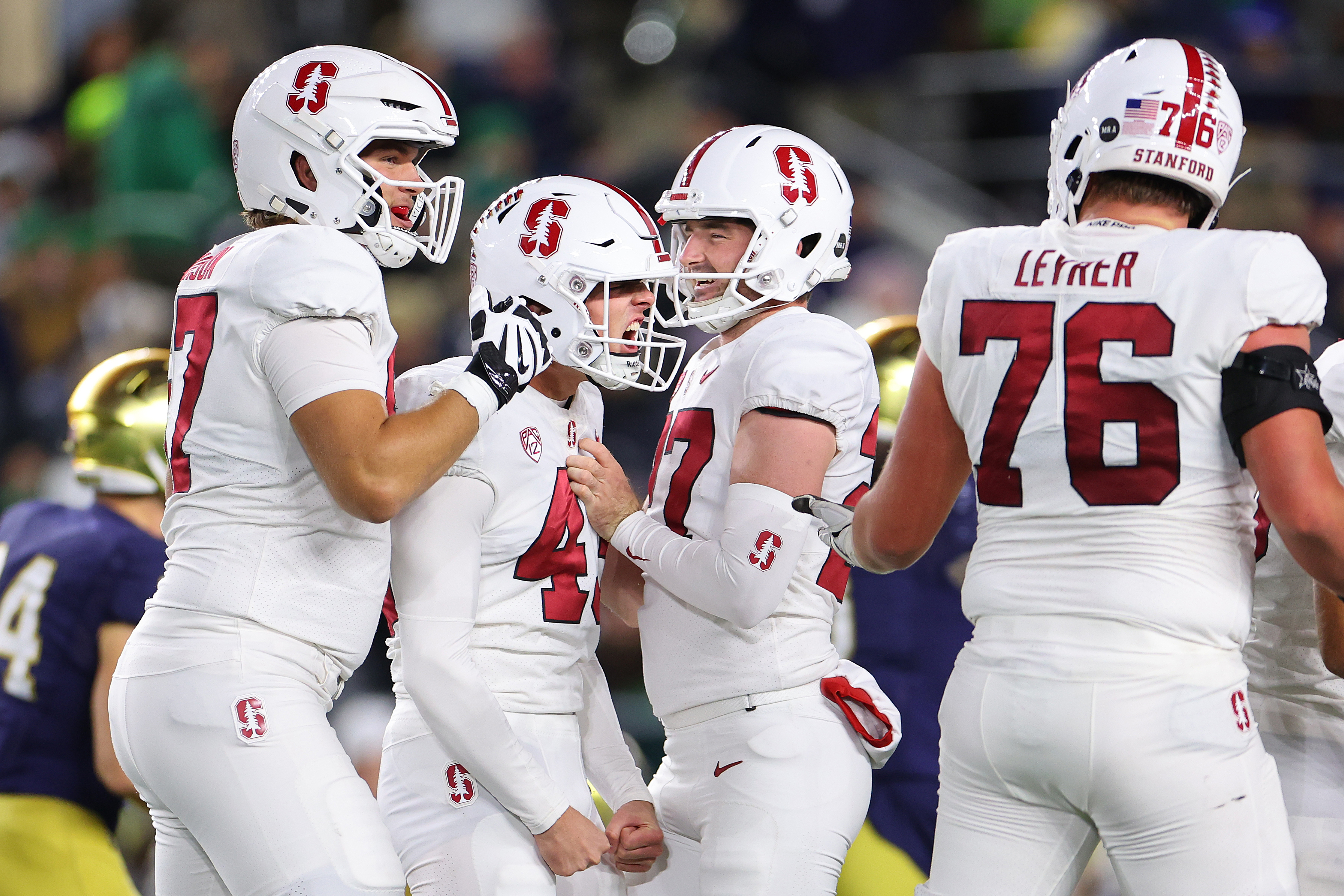 Joshua Karty #43 of the Stanford Cardinal celebrates a 45-yard field goal against the Notre Dame Fighting Irish during the first half at Notre Dame Stadium on October 15, 2022 in South Bend, Indiana. (Photo by Michael Reaves/Getty Images)