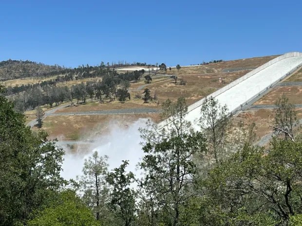 Water flows down the Oroville Dam spillway Monday, May 15, 2023 in Oroville, California. (Jennie Blevins/Mercury-Register)