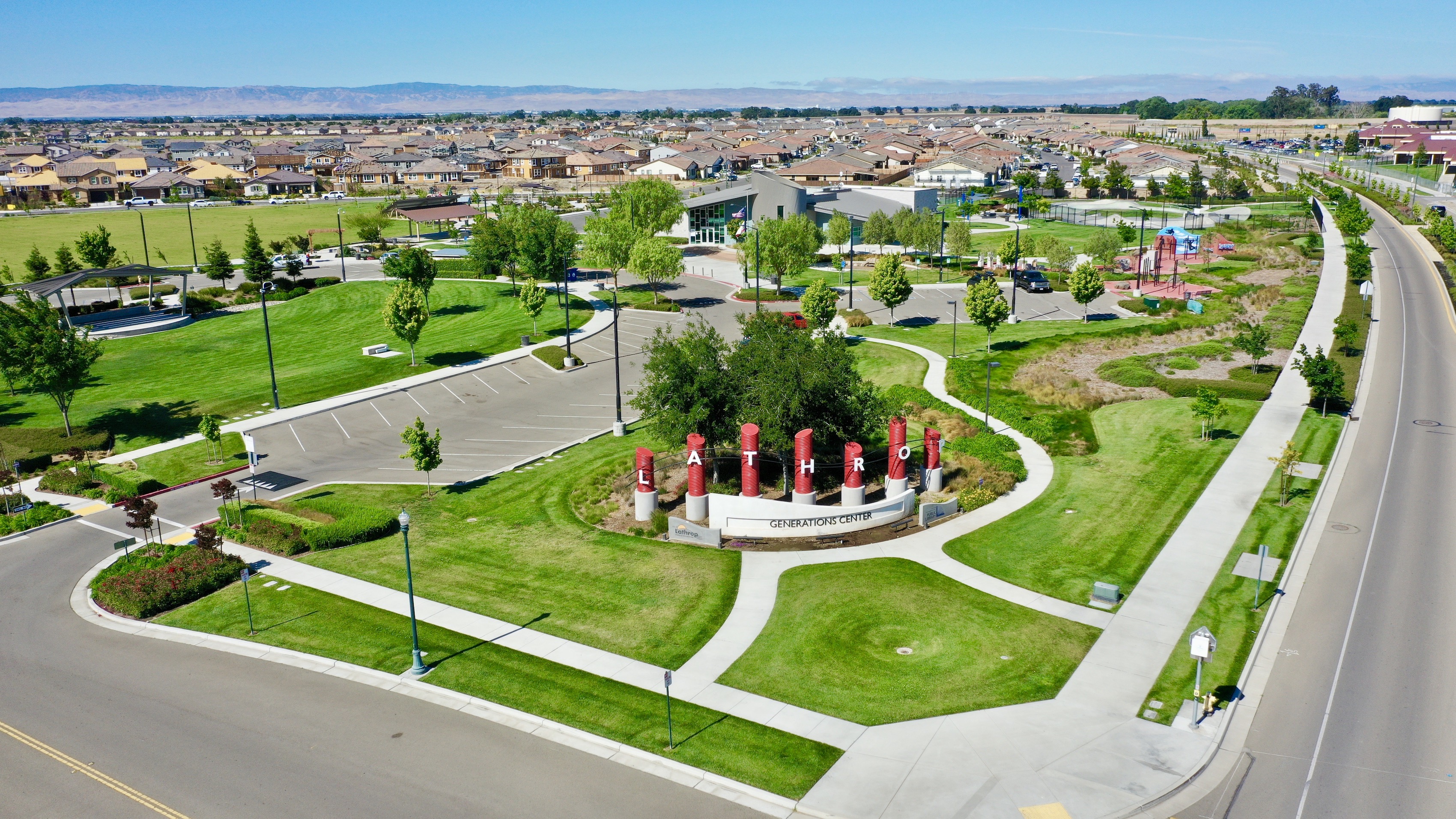 The view of the Stanford Crossing master-planned community and the Generations Center, which offers a variety of community-focused amenities.