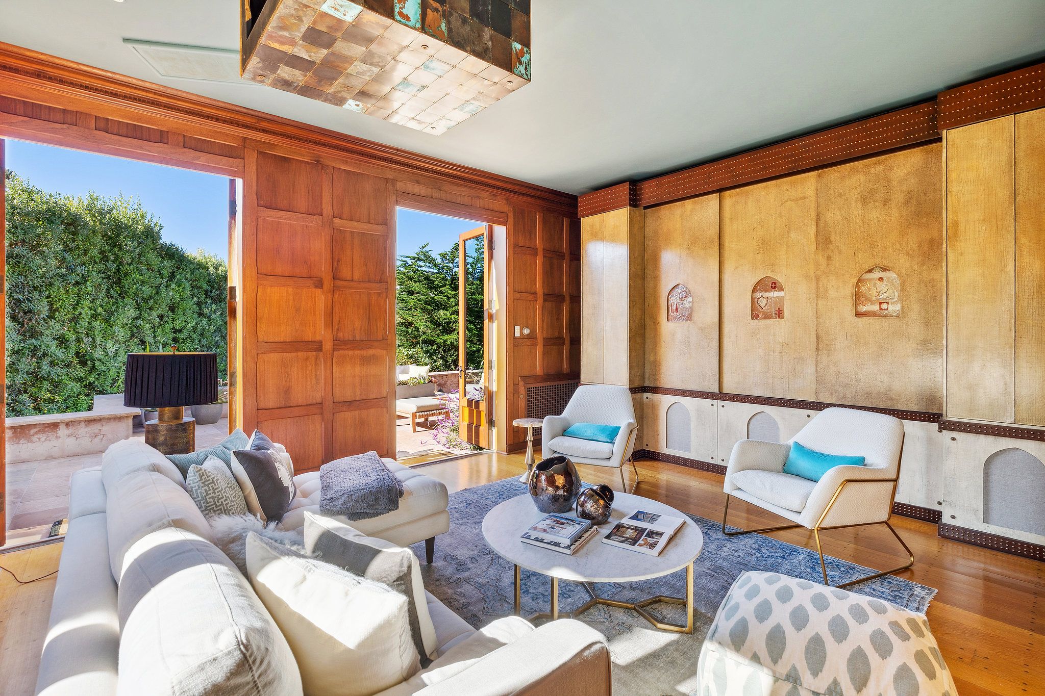 Room facing large French doors to patio.