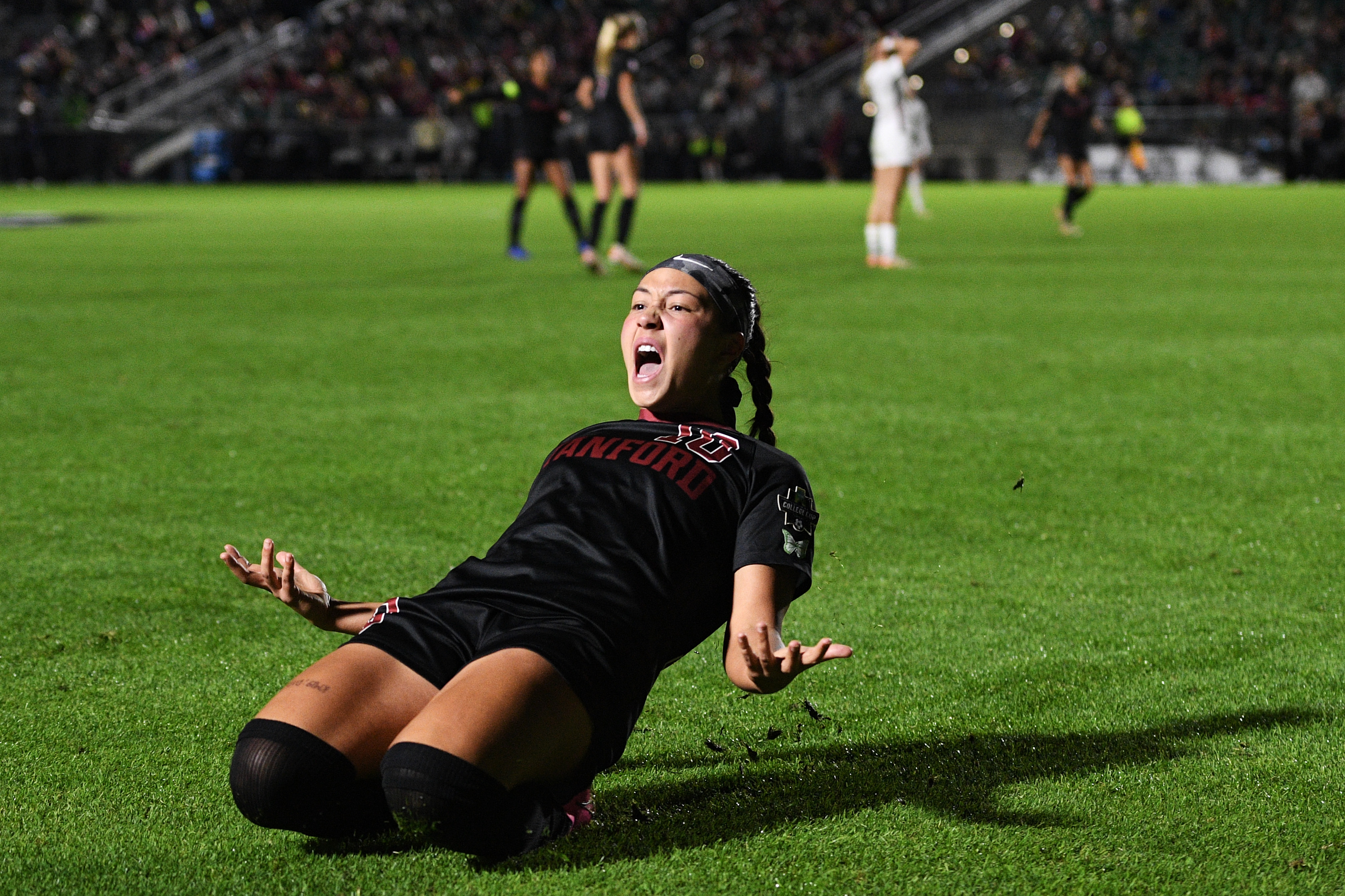 Maya Doms #10 of the Stanford Cardinal celebrates her goal against the Florida State Seminoles in the second half during the Division I Women's Soccer Championship at Wake Med Soccer Park on December 4, 2023 in Raleigh, North Carolina. (Photo by Eakin Howard/Getty Images)