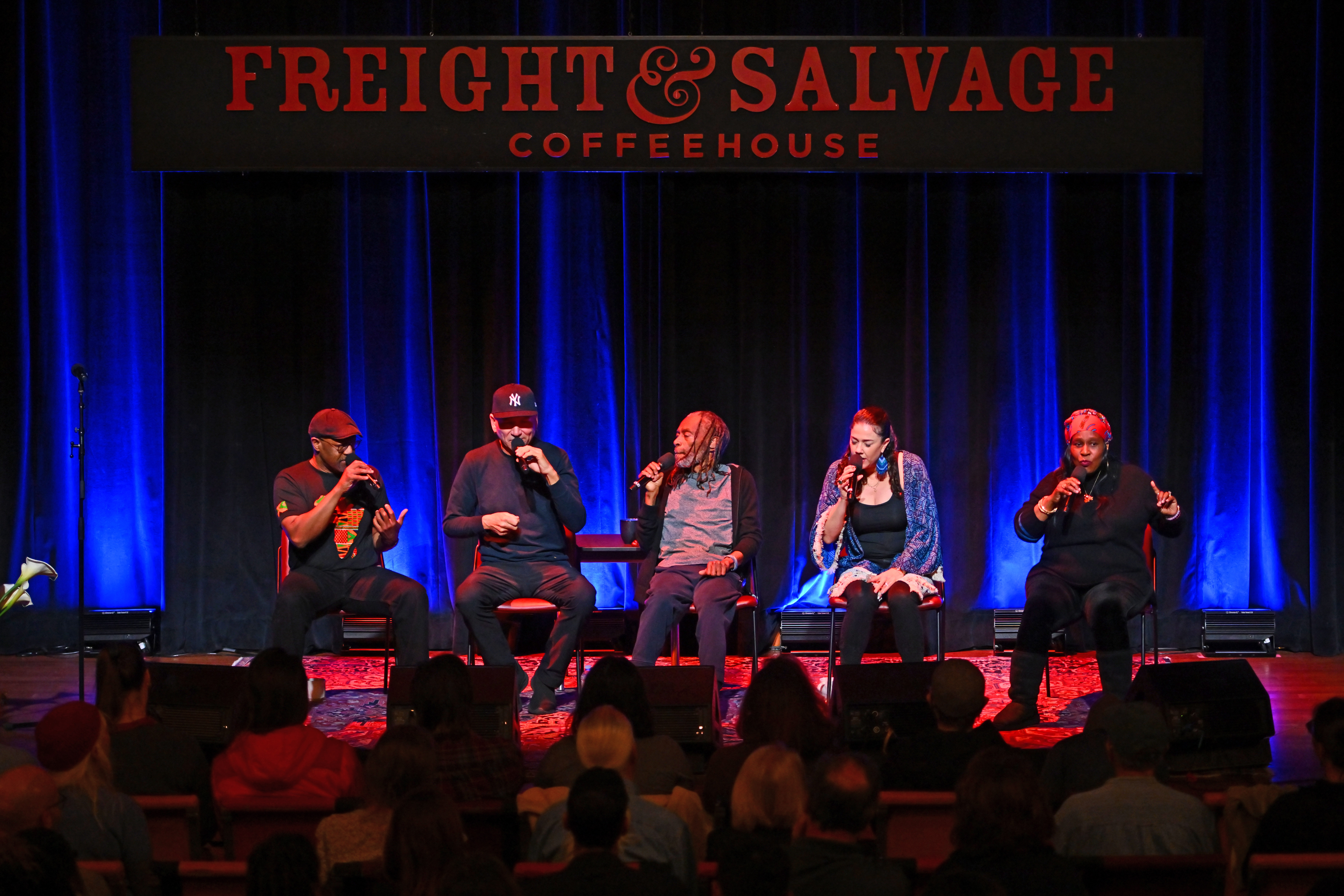 Musicians Bryan Dyer, from left, David Worm, Bobby McFerrin, Destani Wolf and Tammy Brown perform on stage while performing his weekly Circlesong at the Freight and Salvage in Berkeley, Calif., on Monday, Feb. 26, 2024. (Jose Carlos Fajardo/Bay Area News Group)