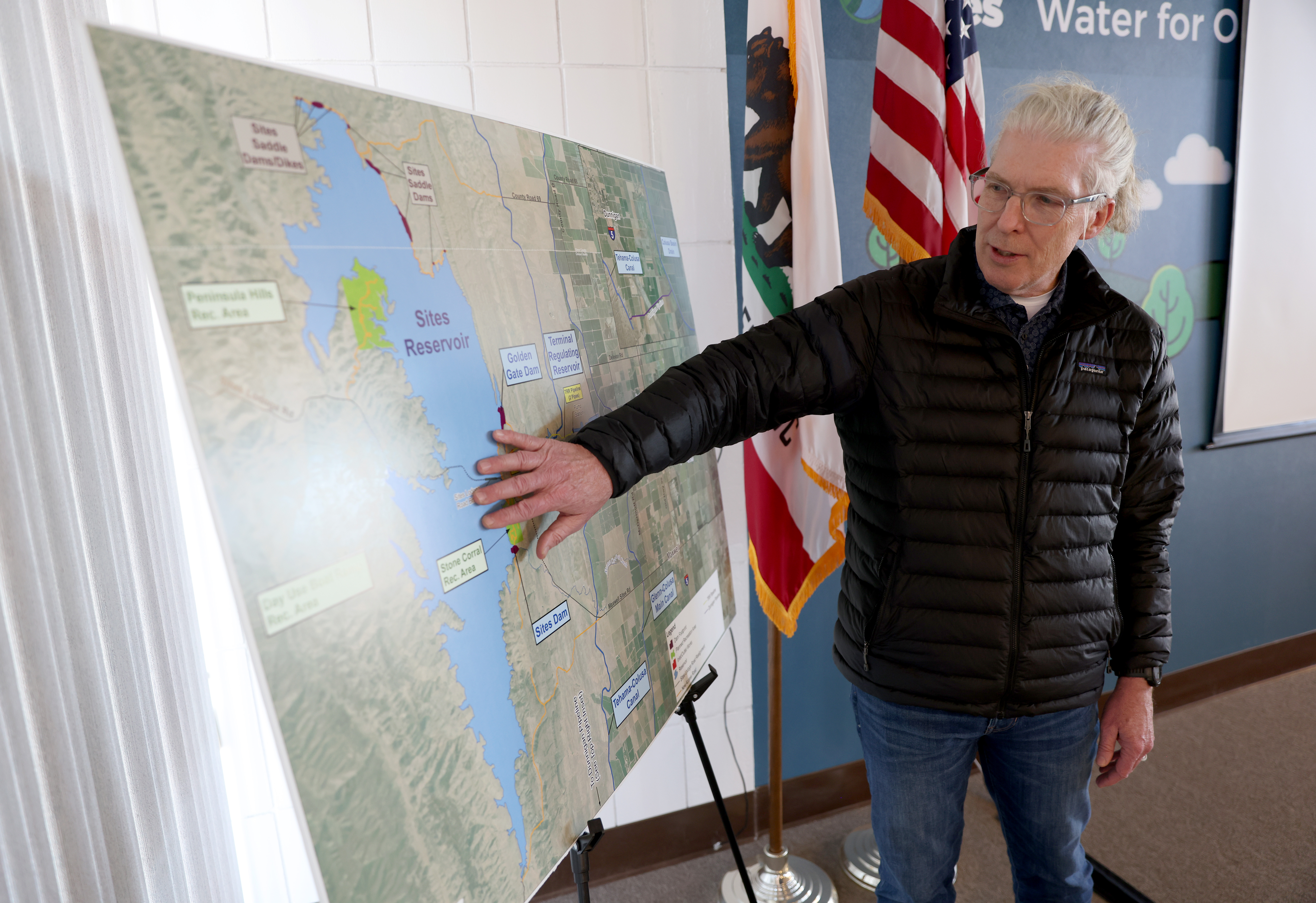 Jerry Brown, executive director of the Sites Project Authority, shows the proposed reservoir site on a map at the agency's office in Maxwell, Calif., on Thursday, March 14, 2024. Congress has awarded $205 million to the Sites Reservoir, proposed to be constructed in rural Colusa County. The 1.5 million-acre-foot reservoir would be California's eighth largest at 13-miles long. (Jane Tyska/Bay Area News Group)