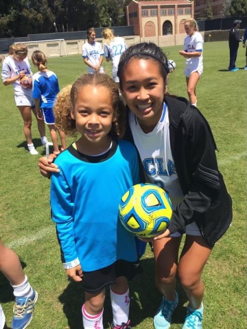 Bay FC rookie Savy King (left) seen here with Bay FC teammate Caprice Dydasco (right) while Dydasco was playing for UCLA in 2014 (courtesy Kim E. Parker).