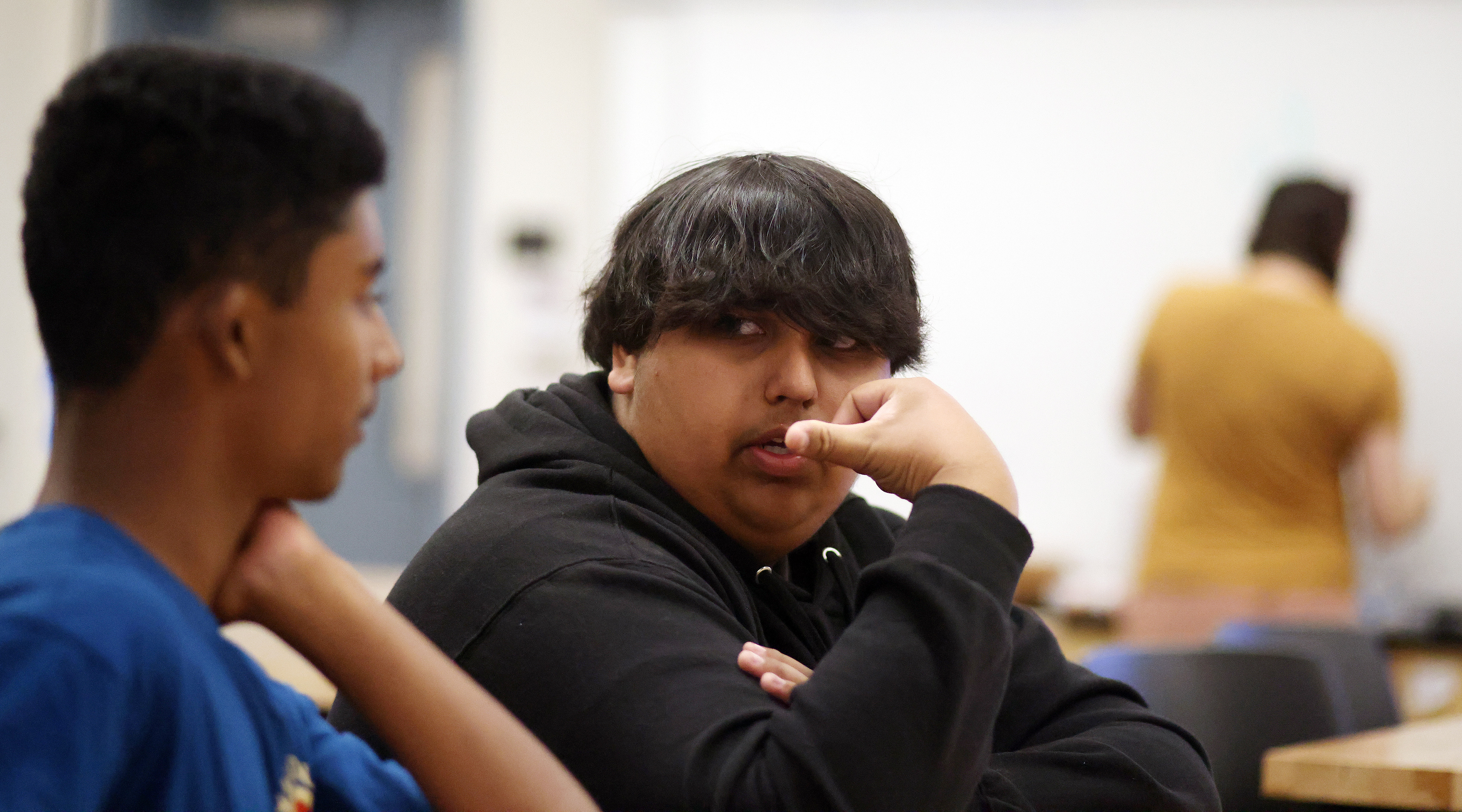 Emerald High School freshmen Hrihaan Bhutani, right, in a Dublin High school campus classroom on Thursday, April 11, 20124, in Dublin, Calif. (Aric Crabb/Bay Area News Group)