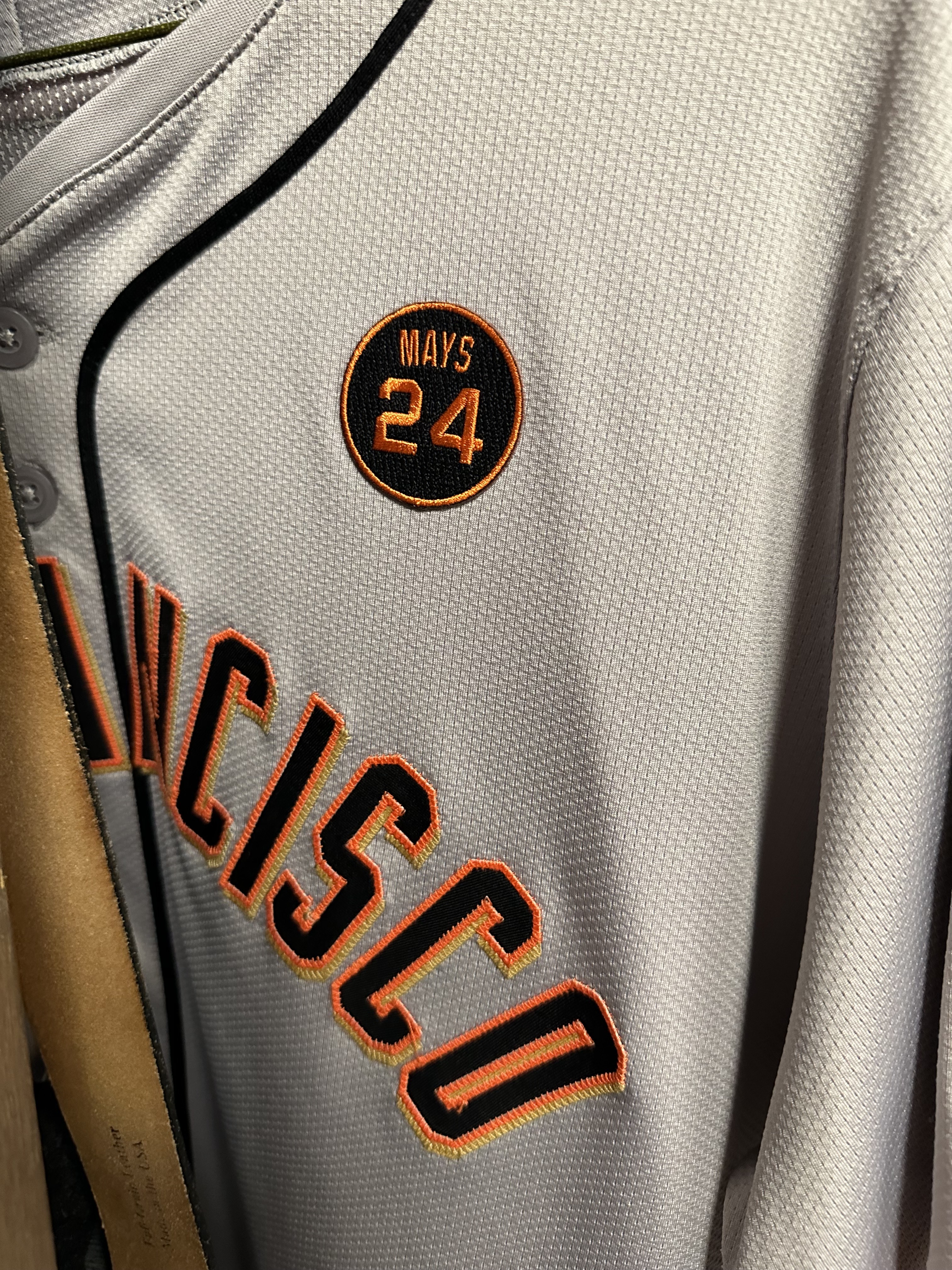 The Giants wore a patch commemorating Willie Mays on their left chest Wednesday, June 19, 2024, a day after he died at 93 years old. (Evan Webeck / Bay Area News Group)