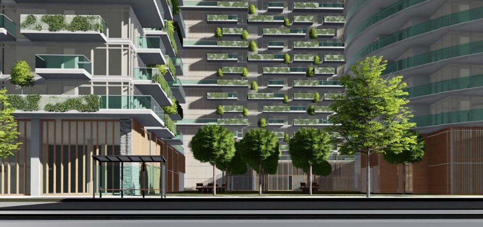 Courtyard, as seen from the California Theater, of a residential development consisting of three 30-story housing highrises at 300 South First Street and 345 South Second Street in downtown San Jose, concept.(Steinberg Hart)