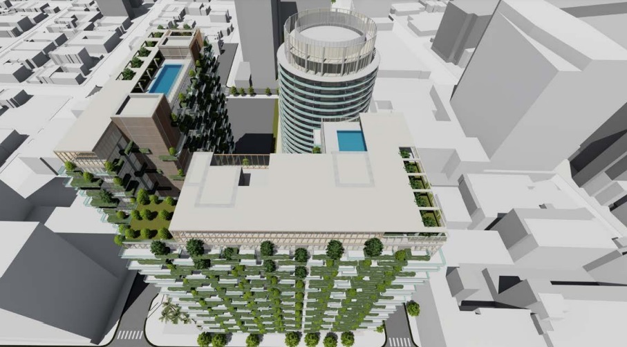 Aerial view of a residential development that includes three 30-story housing highrises at 300 South First Street and 345 South Second Street in downtown San Jose, concept.(Steinberg Hart)