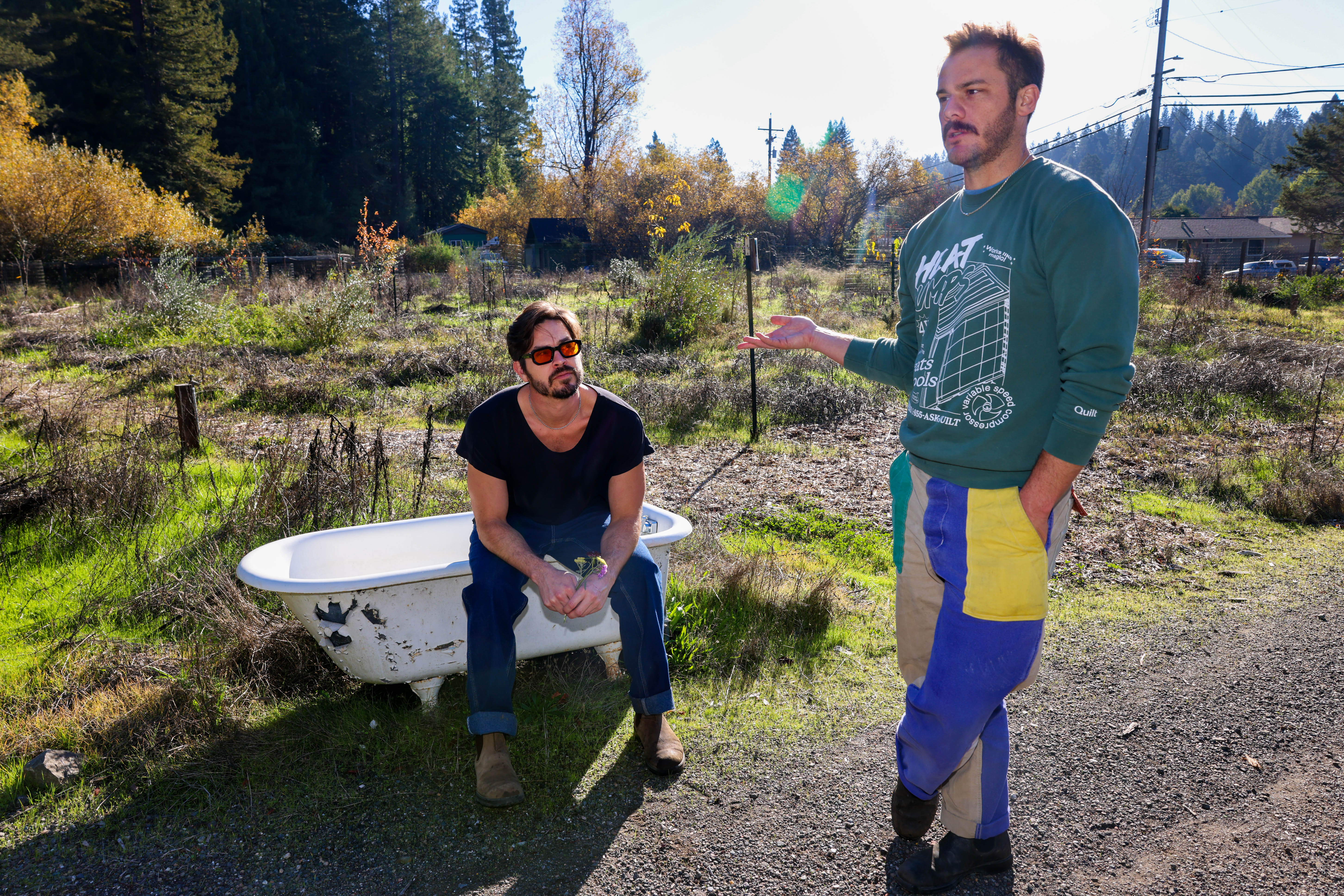 Solar Punk Farms cofounders Nick Schwanz and Spencer Scott talk about their bioregional regenerative and sustainable agricultural movement at their property in Guerneville, Calif., on Thursday, Dec. 5, 2024. (Ray Chavez/Bay Area News Group)