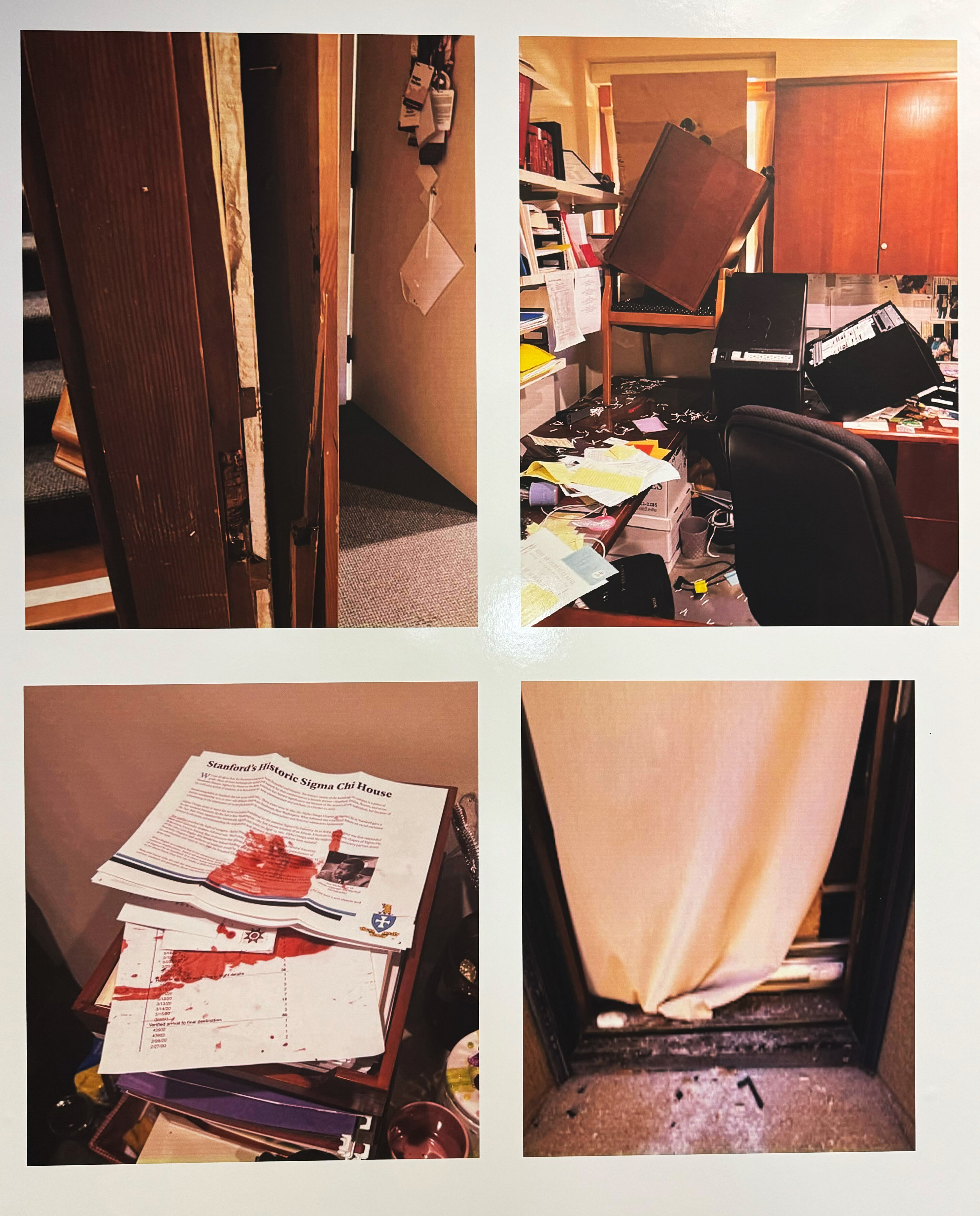 Evidence photos are displayed at the Santa Clara County District Attorney's Office in San Jose, Calif. on April 10, 2025, the day the office detailed its investigation into a dozen pro-Gaza protesters who barricaded themselves in the Stanford University president's office amid broader demonstrations on campus in June 2024. (Robert Salonga/Bay Area News Group)