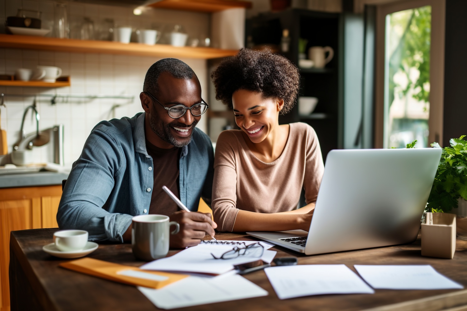 a couple looking at a laptop and doing financial planning in a kitchen