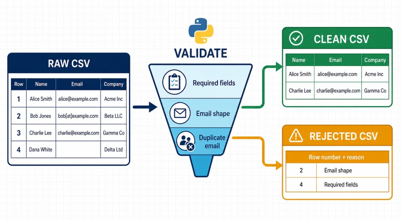 Python CSV validation diagram splitting accepted records into a clean CSV and invalid records into a rejected CSV with reasons