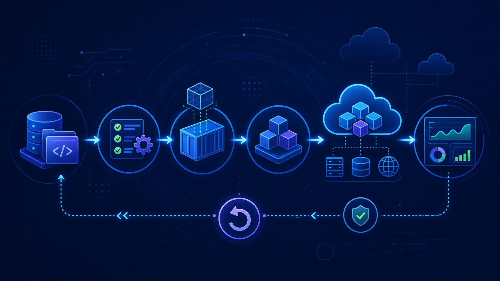 DevOps delivery workflow connecting source code, automated tests, containers, cloud deployment, monitoring and rollback