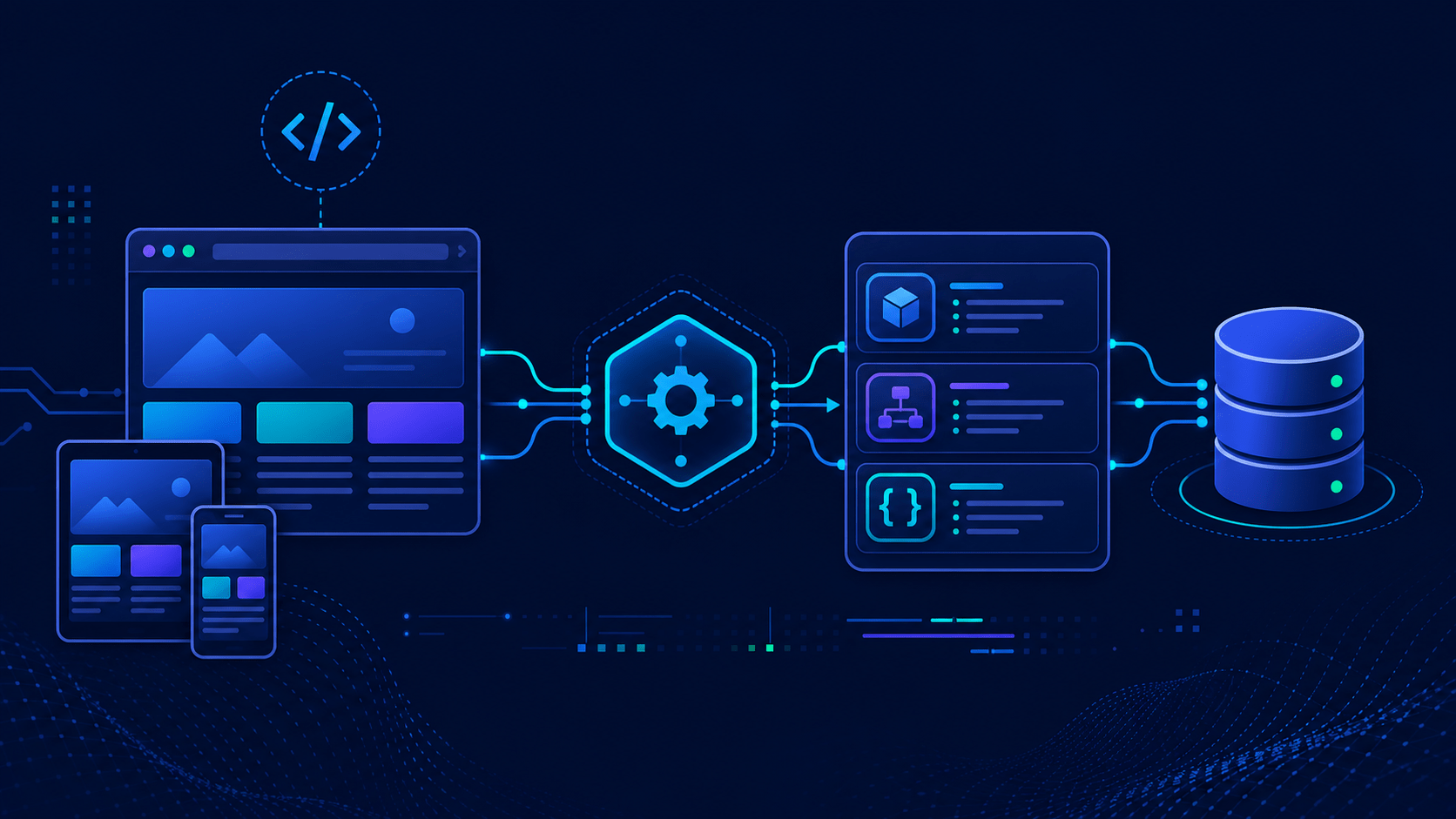 Web application architecture connecting responsive browser interfaces, application logic, APIs and a database