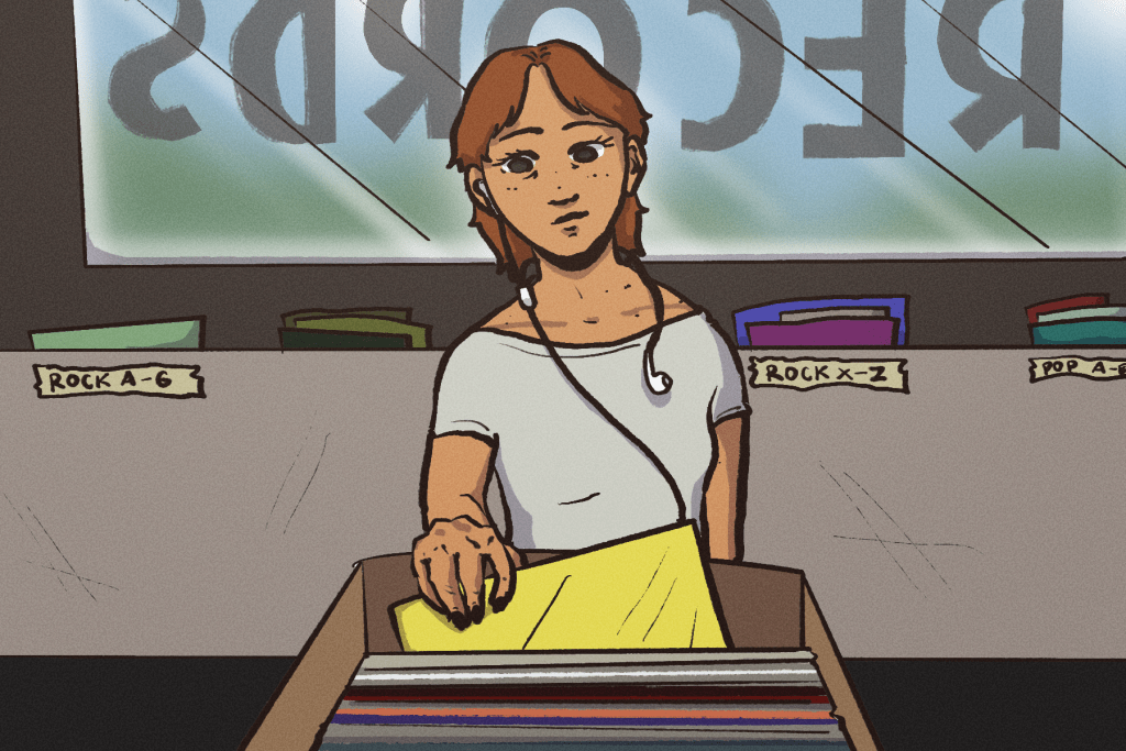 An illustration of a girl looking through vinyls in a record store with one earbud in her ear.