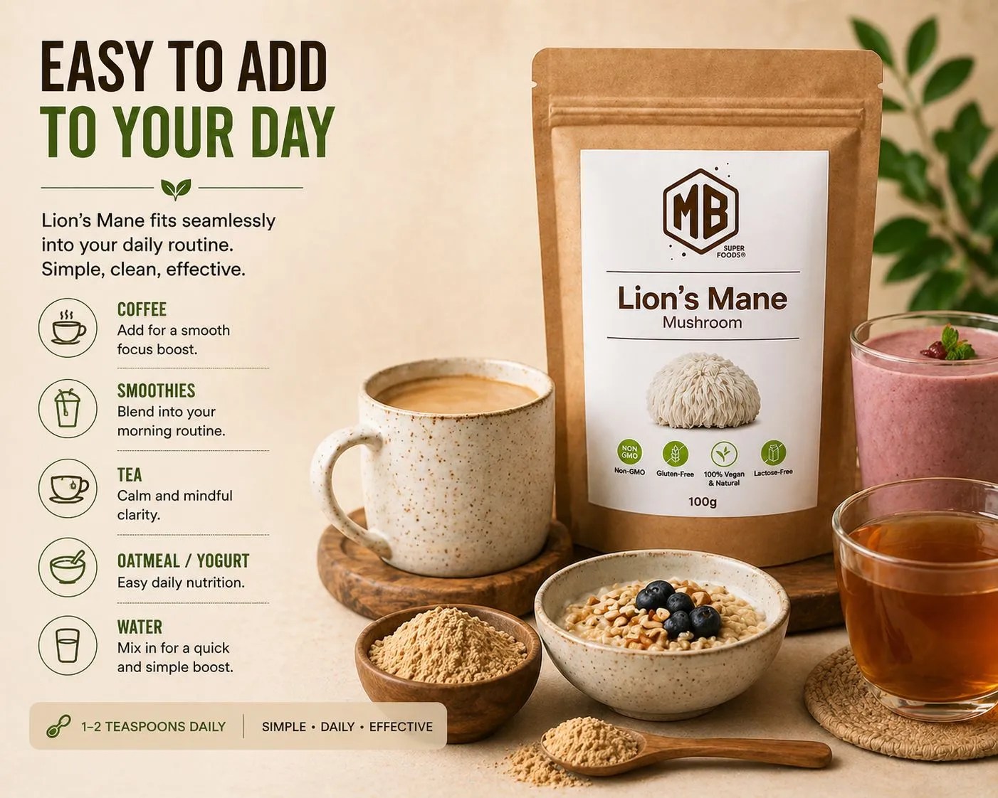 Lion’s Mane mushroom powder how to use daily coffee smoothie tea yogurt MB Superfoods