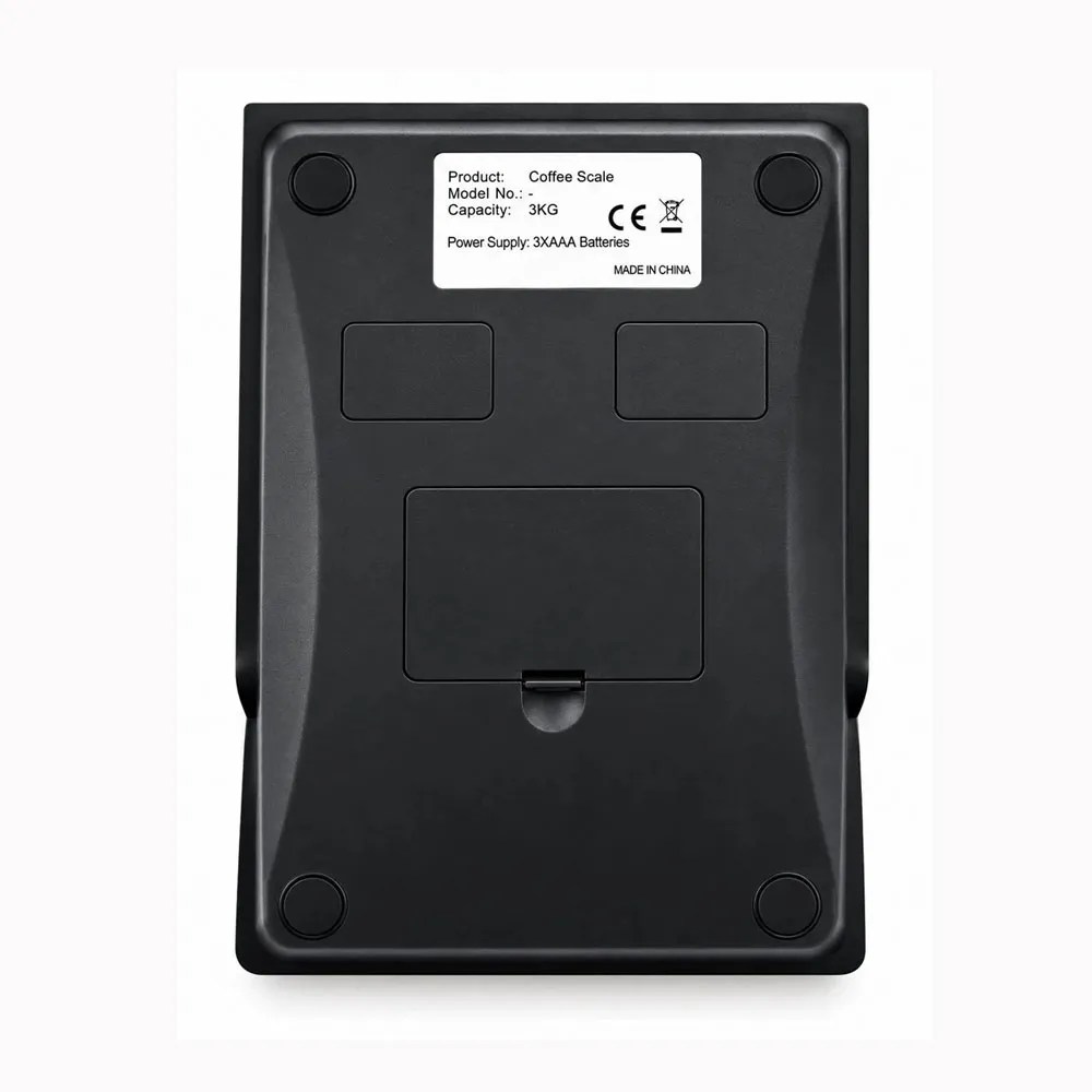 Back of the Precision Microdosing Scale showing battery compartment, non-slip feet and 3kg capacity.